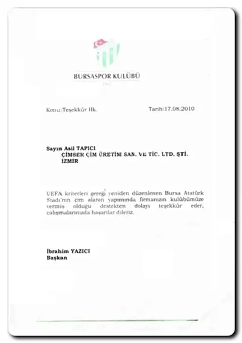 Bursaspor Teşekkür Yazısı