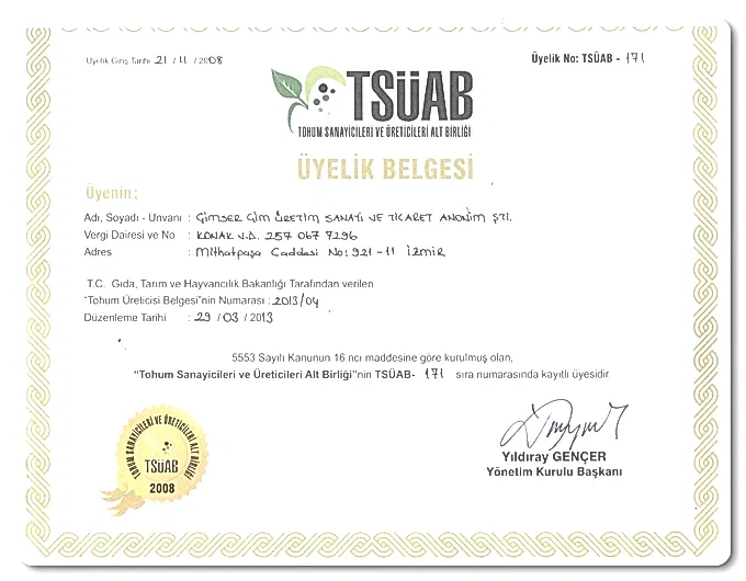 TSÜAB Üyelik Belgesi