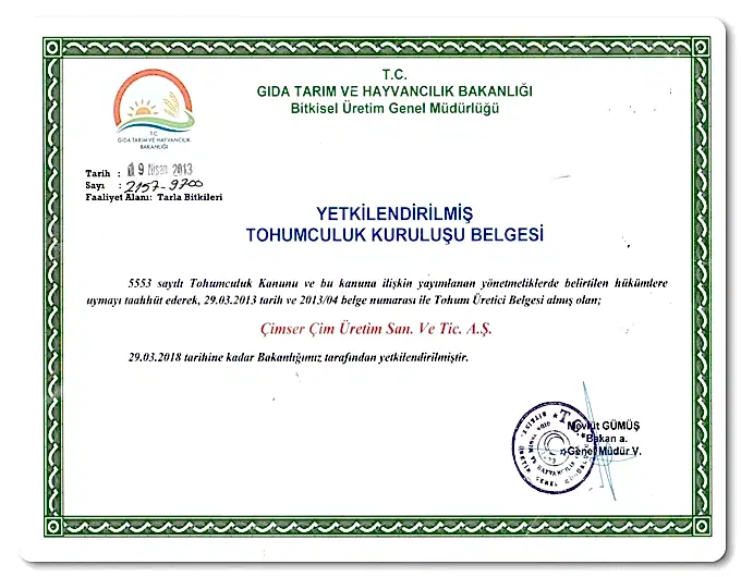 Yetkilendirilmiş Tohumculuk Kuruluş Belgesi